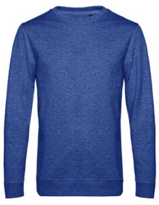 Blå sweatshirt med lange ærmer og rund hals, placeret mod en hvid baggrund.