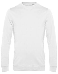 Hvid sweatshirt vises forfra, hænger stille på usynlig bøjle, mod en hvid baggrund.