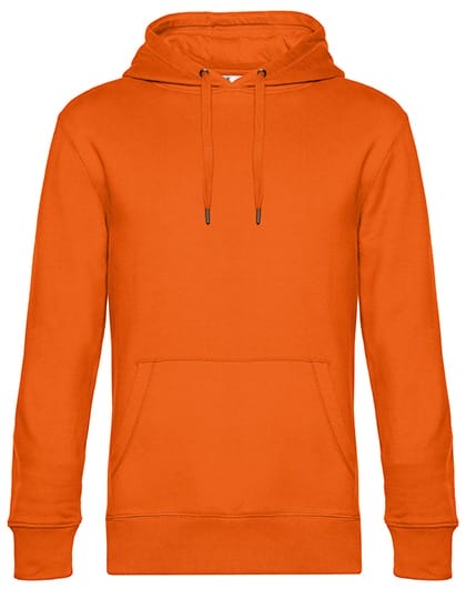 En orange hættetrøje ligger fladt. Den har en kængurulomme, justerbare snore i hætten og lange ærmer. Ingen tekst.