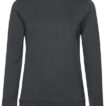 En mørkegrå sweatshirt hænger i en neutral, lys baggrund. Trøjen har lange ærmer og en rund halsudskæring uden nogen synlige dekorationer eller logoer.