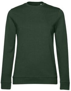 Mørkegrøn sweatshirt hænger forfra foran en hvid baggrund.
