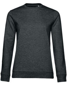 En mørkegrå sweatshirt med rund hals ligger fladt med lange ærmer og ribkanter på ærmer og nederste kant i en neutral studiebaggrund.