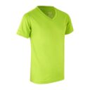 En neongrøn t-shirt med V-hals vises på en hvid baggrund. Indvendigt står teksten "YES Active."