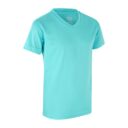 Lyseblå T-shirt med v-hals foran og korte ærmer på hvid baggrund. Tekst på indersiden af kraven: "YES AERO".
