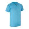 Blå t-shirt med V-hals fra YES Active, størrelse S, foldet ud og stillet oprejst mod en hvid baggrund uden synlige detaljer.