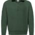 Grøn sweatshirt med halv lynlås foran, vist i opretstående position. Lynlåsen er trukket halvvejs ned. Baggrunden er hvid og simpel uden yderligere elementer.