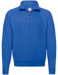 Blå sweatshirt med lynlås ved halsudskæringen placeres centralt mod en hvid baggrund. Den har en ribbet kant ved ærmer og talje. Der er ingen tekst i billedet.