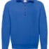 Blå sweatshirt med lynlås ved halsudskæringen placeres centralt mod en hvid baggrund. Den har en ribbet kant ved ærmer og talje. Der er ingen tekst i billedet.