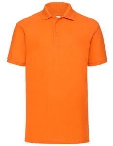 Orange polo shirt med korte ærmer og to knapper foran, placeret i en simpel hvid baggrund.