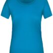En blå T-shirt hænger mod en hvid baggrund med teksten "NORTH BEND MEDIUM" på indersiden af nakkestykket.