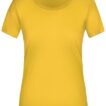 Gul T-shirt med korte ærmer hænger fladt, uden baggrund. Indvendigt label viser mærke "FINE EMBRACE".