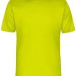 En neongul t-shirt uden ærmer vises i et isoleret, hvidt miljø.