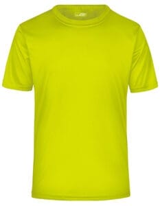 En neongul t-shirt uden ærmer vises i et isoleret, hvidt miljø.