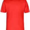 Rød T-shirt med kort ærme, fremstillet i et glat stof, vises hængende mod en hvid baggrund. Øverst er der et lille mærke med teksten "AWDis Just Cool".