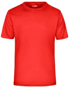 Rød T-shirt med kort ærme, fremstillet i et glat stof, vises hængende mod en hvid baggrund. Øverst er der et lille mærke med teksten "AWDis Just Cool".