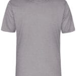 Grå t-shirt hænger på en neutral baggrund. T-shirten har en rund halsudskæring og korte ærmer.
