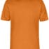 En ensfarvet orange T-shirt hænger oprejst mod en hvid baggrund. ør nederst på halsudskæringen står der "Fruit of the Loom" med hvid tekst på en buet rød baggrund.