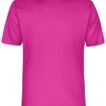 En pink kortærmet T-shirt hænger frit mod en hvid baggrund. Teksten "Roly" er trykt på en lille etiket inde i kraven.