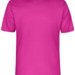En pink kortærmet T-shirt hænger frit mod en hvid baggrund. Teksten "Roly" er trykt på en lille etiket inde i kraven.