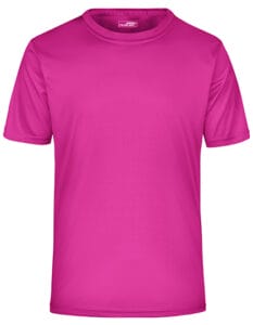 En pink kortærmet T-shirt hænger frit mod en hvid baggrund. Teksten "Roly" er trykt på en lille etiket inde i kraven.