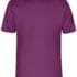 En violet, kortærmet t-shirt hænger på en hvid baggrund. Den har en rund halsudskæring og et simpelt design uden markante dekorationer. Tekst: "AND FLYer ACTIVEWEAR" på indersiden af kraven.