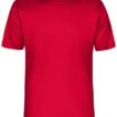 Den røde T-shirt er kortærmet, præsenteret mod en hvid baggrund. Den har en rund hals og et enkelt, ensfarvet design uden mønstre eller logoer.