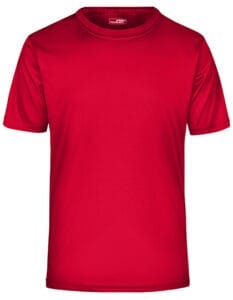 Den røde T-shirt er kortærmet, præsenteret mod en hvid baggrund. Den har en rund hals og et enkelt, ensfarvet design uden mønstre eller logoer.