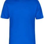 Blå T-shirt med korte ærmer hænger oprejst mod en hvid baggrund. Tekst på indersiden af kraven: "point 3".
