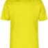En gul T-shirt uden mønster hænger mod en hvid baggrund. Trøjen er kortærmet og har rund hals.