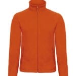 Orange fleecejakke med lynlås og høj hals, to lynlåslommer på forsiden. Ingen tekst eller dekorationer.
