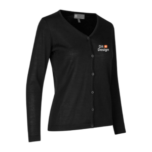 Sort cardigan med knapper, stående oprejst. På brystet er teksten "Dit Design". Cardiganen vises mod en hvid baggrund.
