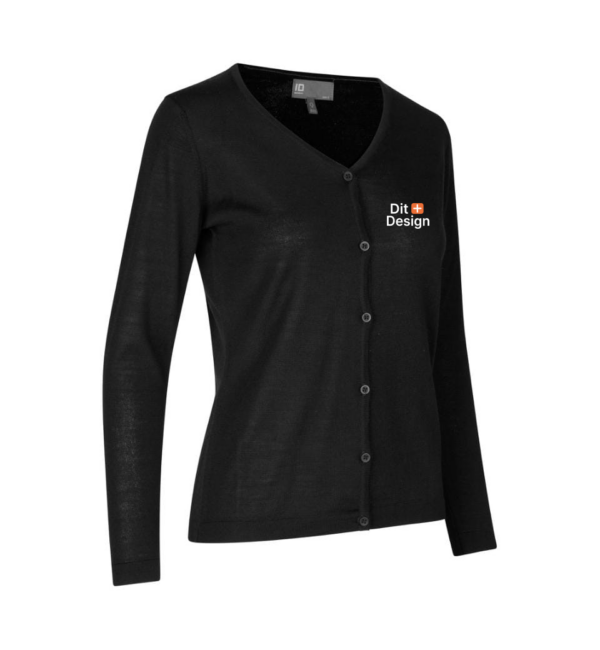 Sort cardigan med knapper, stående oprejst. På brystet er teksten "Dit Design". Cardiganen vises mod en hvid baggrund.