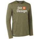 Langærmet olivengrøn trøje med teksten "Dit + Design" trykt foran. Trøjen står mod en hvid baggrund, hvilket fremhæver dens afslappede og stilrene stil.
