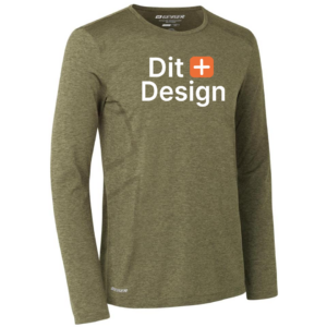 Langærmet olivengrøn trøje med teksten "Dit + Design" trykt foran. Trøjen står mod en hvid baggrund, hvilket fremhæver dens afslappede og stilrene stil.