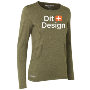 Trøje med lange ærmer, står oprejst, trykt tekst "Dit + Design" foran, mærket Geyser. Farven er olivengrøn, placeret på en hvid baggrund.