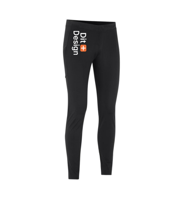 Sort par bukser med teksten "Dit Design" og et orange plus-symbol, præsenteret mod en hvid baggrund.