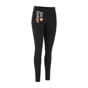 Sort par leggings på en hvid baggrund. Tekst på venstre lår skriver "Dit Design" med et lille orange kryds.