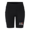 Sort cykelshorts står oprejst mod en hvid baggrund. Der er teksten "Dit Design" med et orange plus-tegn placeret nederst til højre på shortsene.