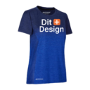 En mørkeblå T-shirt med kort ærme har teksten "Dit Design" og logoet "GEYSER" trykt på brystet. T-shirten vises på en hvid baggrund.