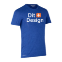 En blå T-shirt med teksten "Dit Design" trykt på forsiden, ledsaget af et orange firkantet symbol med et hvidt plus-tegn. T-shirten vises mod en hvid baggrund.