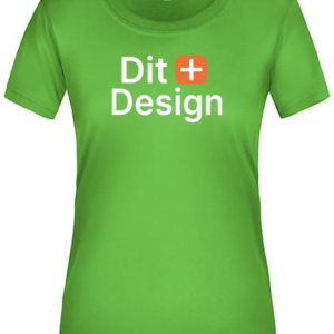 Grøn T-shirt vises forfra med teksten "Dit Design" og et lille rødt plus-tegn, centreret midt på brystet, uden baggrund eller yderligere kontekst.
