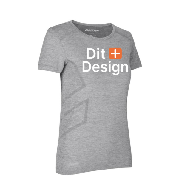 Grå T-shirt uden ærmer med teksten "Dit Design" og en orange firkant med et plus i midten. Ordet "Geyser" ses i kraveområdet.
