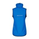 Blå ærmeløs jakke med hætte og tekst "GEYSER" på ryggen. Jakken hænger nedad i en studiolignende opstilling.