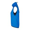 En blå ærmeløs vest med høj krave og lynlåslukning set fra siden, placeret mod en hvid baggrund.