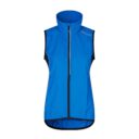 Blå ærmeløs jakke med lynlås og høj krave, mærket "GEYSER" på venstre skulder, fotograferet mod en hvid baggrund.