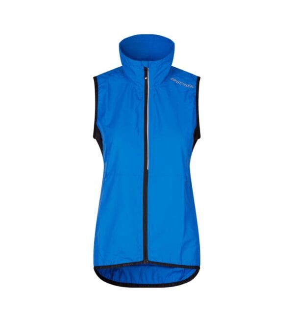 g11014_770_pack_4 Blå ærmeløs jakke med lynlås og høj krave, mærket "GEYSER" på venstre skulder, fotograferet mod en hvid baggrund.