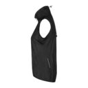 Sort vest uden ærmer set fra siden, med lynlås og høj krave. Tofløje er synlige, og der er en snoretræk-lukning ved kraven. Baggrunden er hvid og enkel.