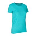 En turkis T-shirt står stille i et neutralt studie. Teksten "GEYSER" er trykt i halsen. Der er ingen andre objekter eller detaljer i baggrunden.