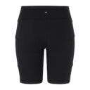 Sort, tætsiddende cykelshorts med høj talje og lommer i siden præsenteres på en hvid baggrund.