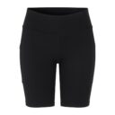 Korte sorte sportsshorts vises forfra, uden synlige logoer eller tekst. Shortsene er placeret mod en hvid baggrund og har en høj talje og tætsiddende pasform.
